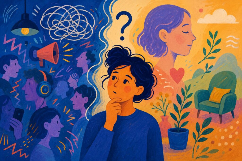 Illustration: eine Person zwischen zwei Bildwelten — links wirbelnde Gedanken und Fragezeichen, rechts Ruhe und Pflanzen.