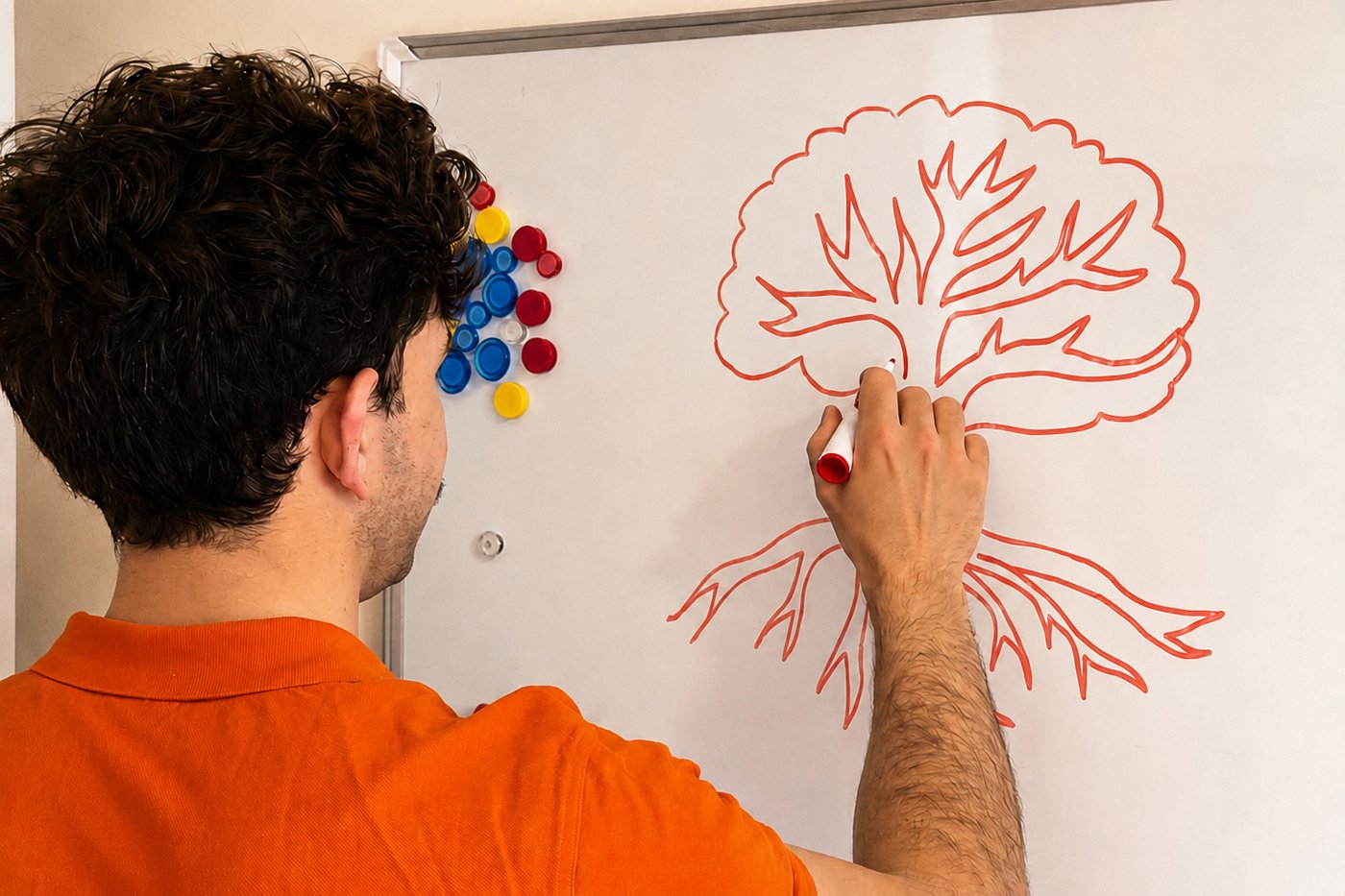 Pablo zeichnet ein rotes Gehirn-Baum-Diagramm an ein Whiteboard – Coaching-Methoden für Neurodivergenz