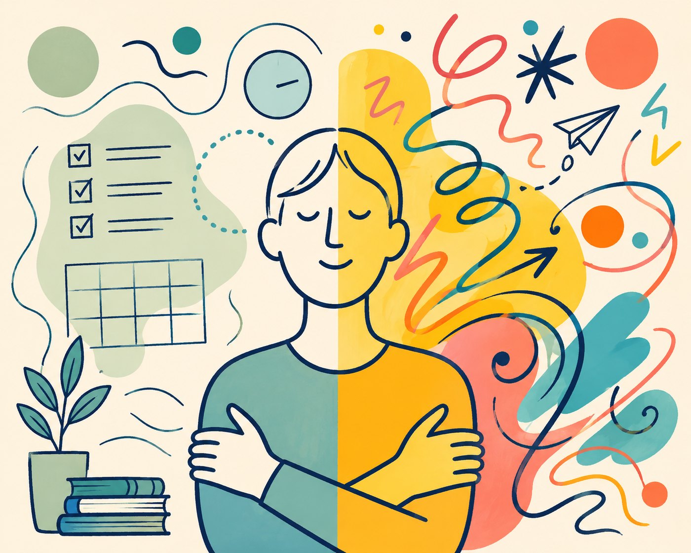 Illustration: eine Person zwischen geordneten Checklisten auf der einen und bunten, sprunghaften Formen auf der anderen Seite.