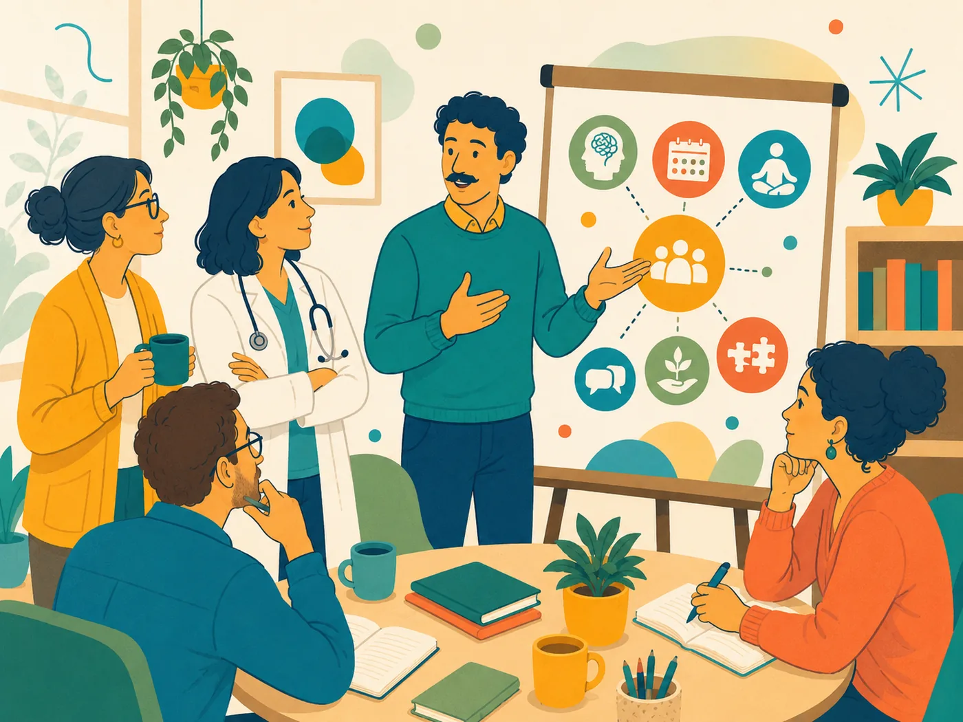 Illustration: Neurodivergenz-Coach erklärt Fachpersonen, darunter einer Ärztin, seine Arbeitsweise am Flipchart