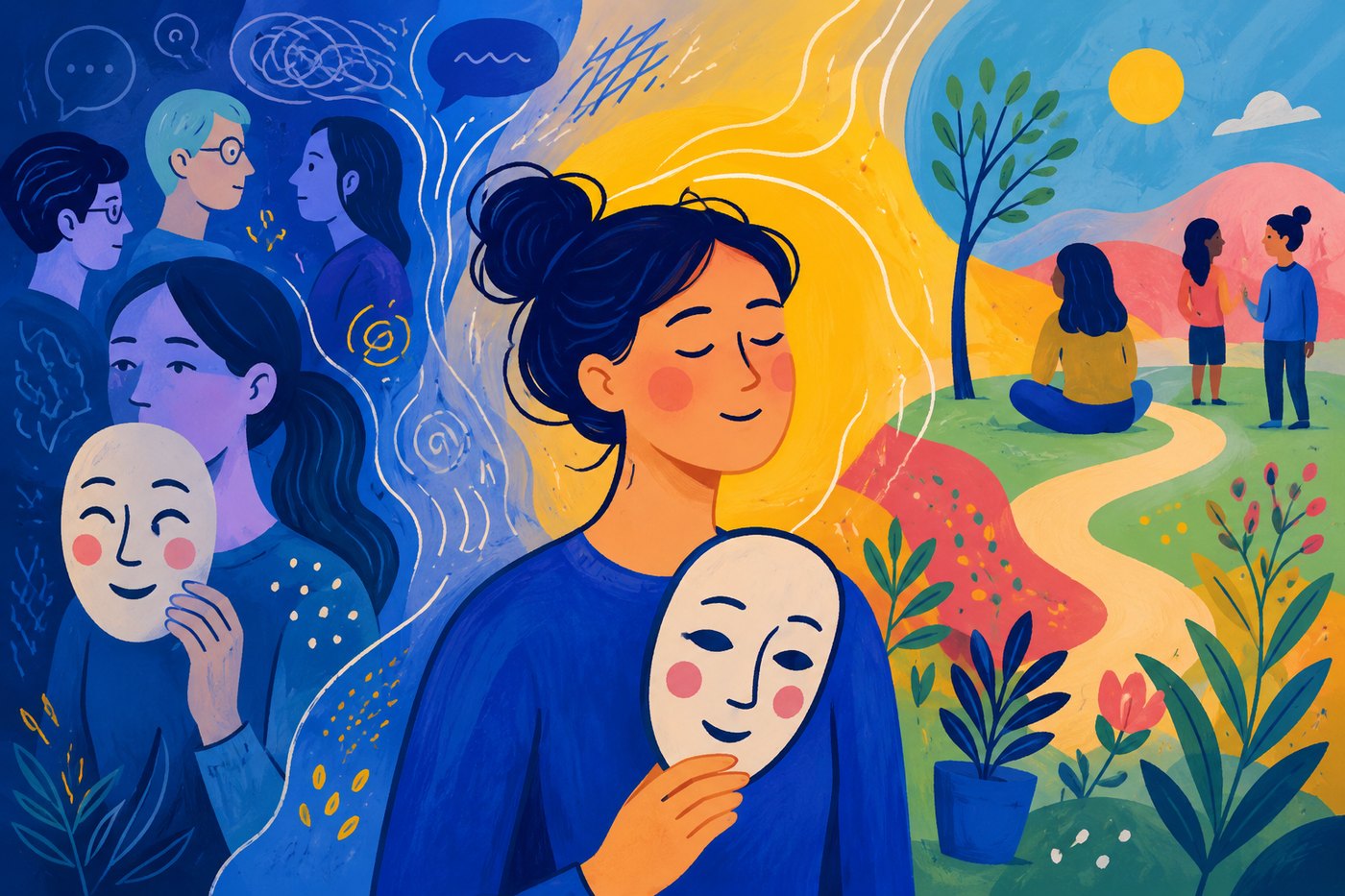 Illustration: eine Frau senkt eine Maske; links gedämpfte blaue Szenen mit Gesichtern, rechts eine helle, offene Landschaft.
