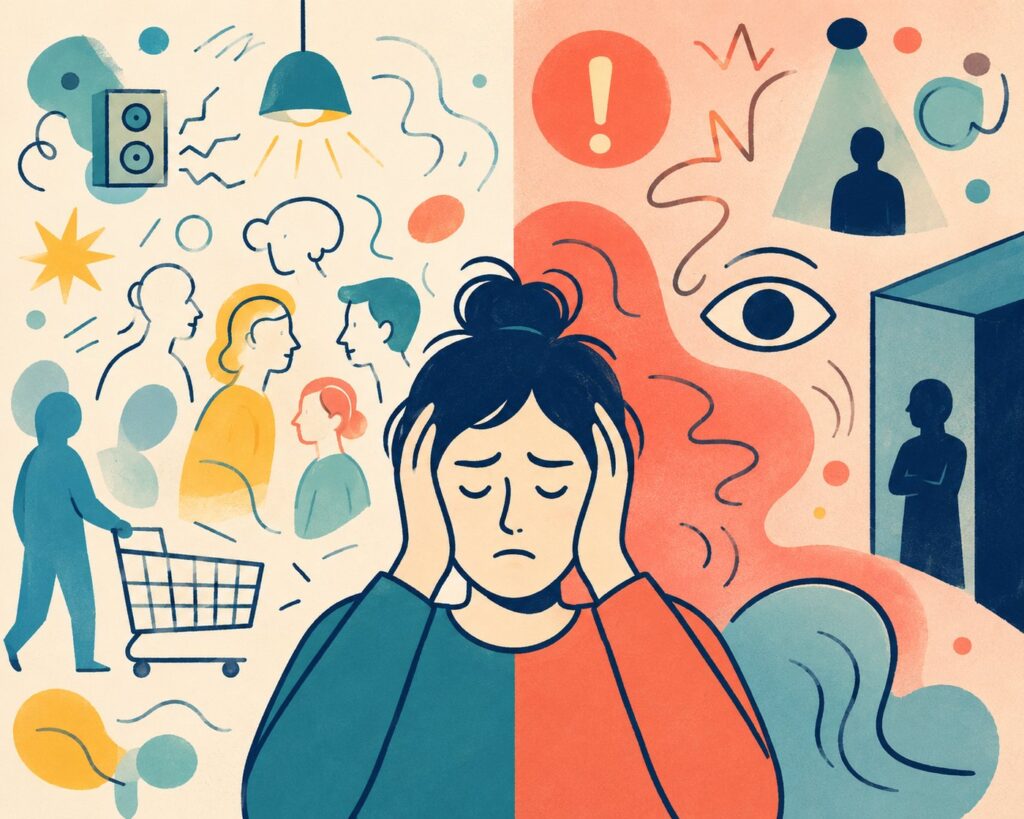 Illustration: eine Person hält sich die Ohren zu; links Alltagsreize wie Licht und Menschen, rechts Alarmzeichen wie Ausrufezeichen und ein Auge.