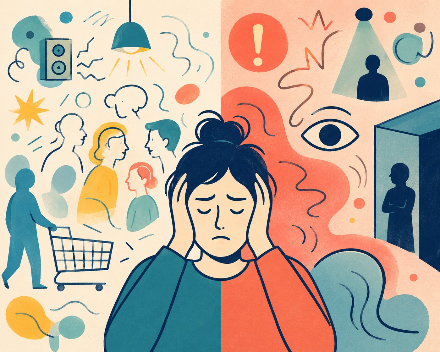 Illustration: eine Person hält sich die Ohren zu; links Alltagsreize wie Licht und Menschen, rechts Alarmzeichen wie Ausrufezeichen und ein Auge.