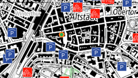 Map of Winterthur’s old town with car parks near the practice