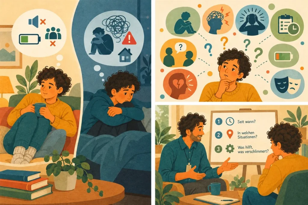Illustration in drei Szenen: Zwei Menschen ziehen sich zurück – einer aus Reizüberlastung, der andere zum Schutz; eine nachdenkliche Person zwischen Symbolen für die sieben Verwechslungsstellen; ein Coaching-Gespräch mit den drei Sortier-Fragen «Seit wann?», «In welchen Situationen?» und «Was hilft, was verschlimmert?».