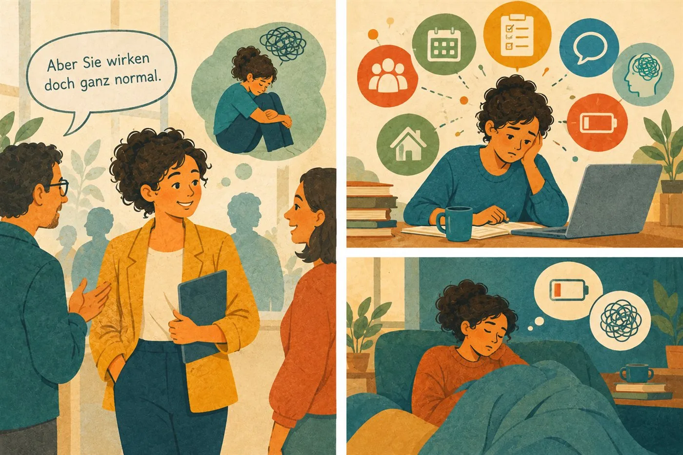 Illustration en trois scènes : une femme semble « tout à fait normale » en discutant avec d’autres ; chez elle, elle est épuisée devant son ordinateur, entourée de symboles de rendez-vous, de tâches et d’une batterie vide ; enfin, elle est allongée, vidée, sous une couverture.