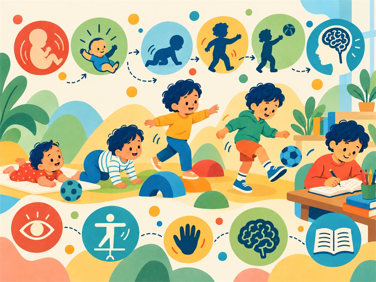 Illustration: Ein Kind in verschiedenen Entwicklungsstufen – auf dem Bauch liegen, krabbeln, balancieren, Ball spielen und am Tisch schreiben – mit Symbolen für Sehen, Gleichgewicht, Hand und Gehirn