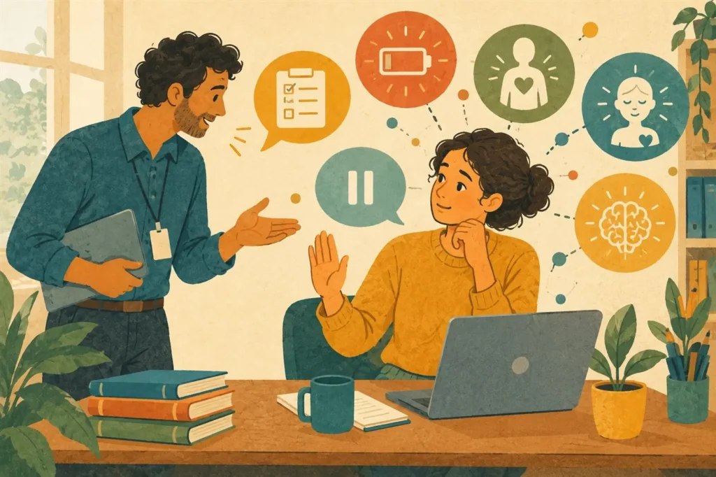 Illustration: Ein Coach spricht mit einer Person am Schreibtisch, die freundlich, aber bestimmt die Hand hebt; um sie herum Symbole für Pause, Checkliste, leere Batterie, Körpergefühl und Gehirn.