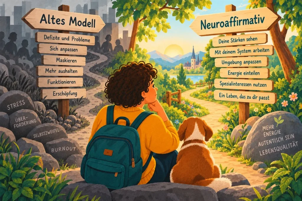 Illustration: Eine Person sitzt mit ihrem Hund an einer Weggabelung – links ein grauer Weg «Altes Modell» mit Defiziten, Anpassen und Maskieren, rechts ein grüner Weg «Neuroaffirmativ» mit Stärken sehen und mit dem eigenen System arbeiten.