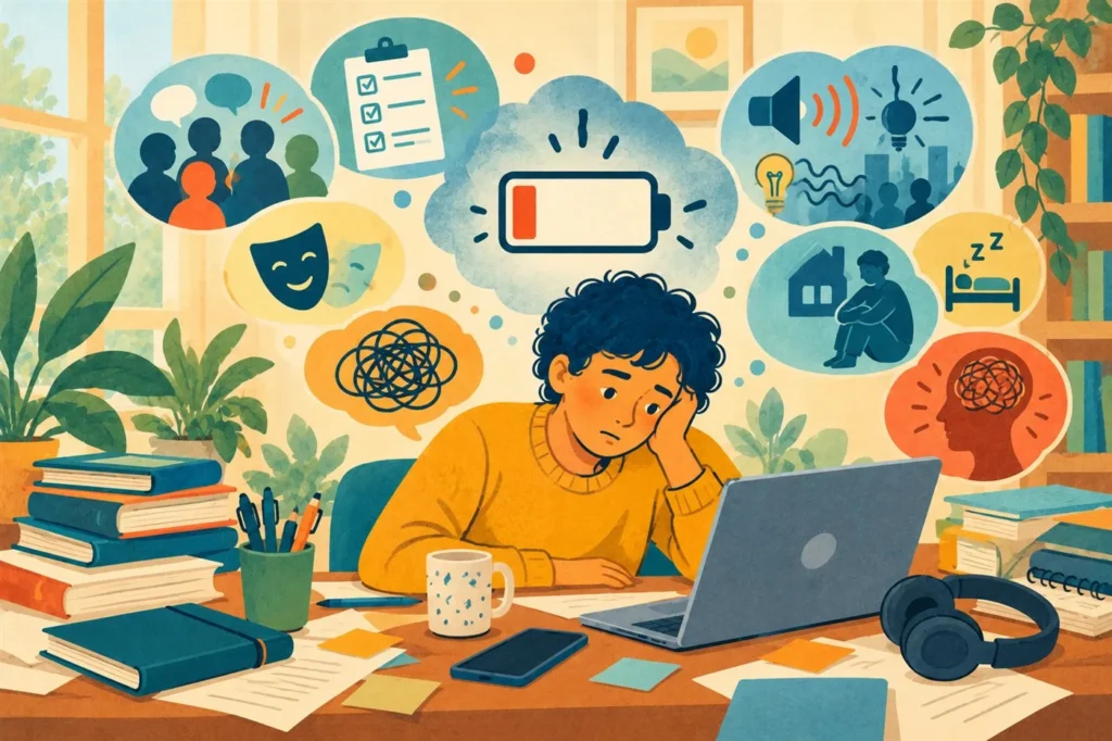 Illustration: Eine erschöpfte Person stützt am Schreibtisch den Kopf auf; um sie herum Symbole für soziale Anforderungen, Masken, Lärm, To-do-Listen, eine fast leere Batterie und Rückzug.