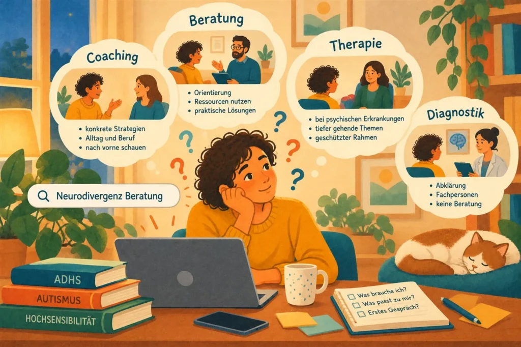 Illustration: Eine Person sucht am Laptop nach «Neurodivergenz Beratung» und vergleicht in Gedankenblasen Coaching, Beratung, Therapie und Diagnostik.