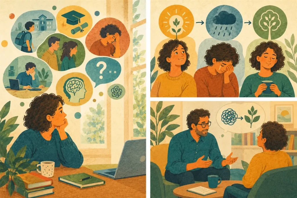 Illustration in drei Szenen: Eine Frau blickt nach einer Spätdiagnose auf Schulzeit, Studium, Beziehungen und Arbeit zurück; daneben die drei Phasen Erleichterung, Trauer und Integration; schliesslich ein ruhiges Coaching-Gespräch.